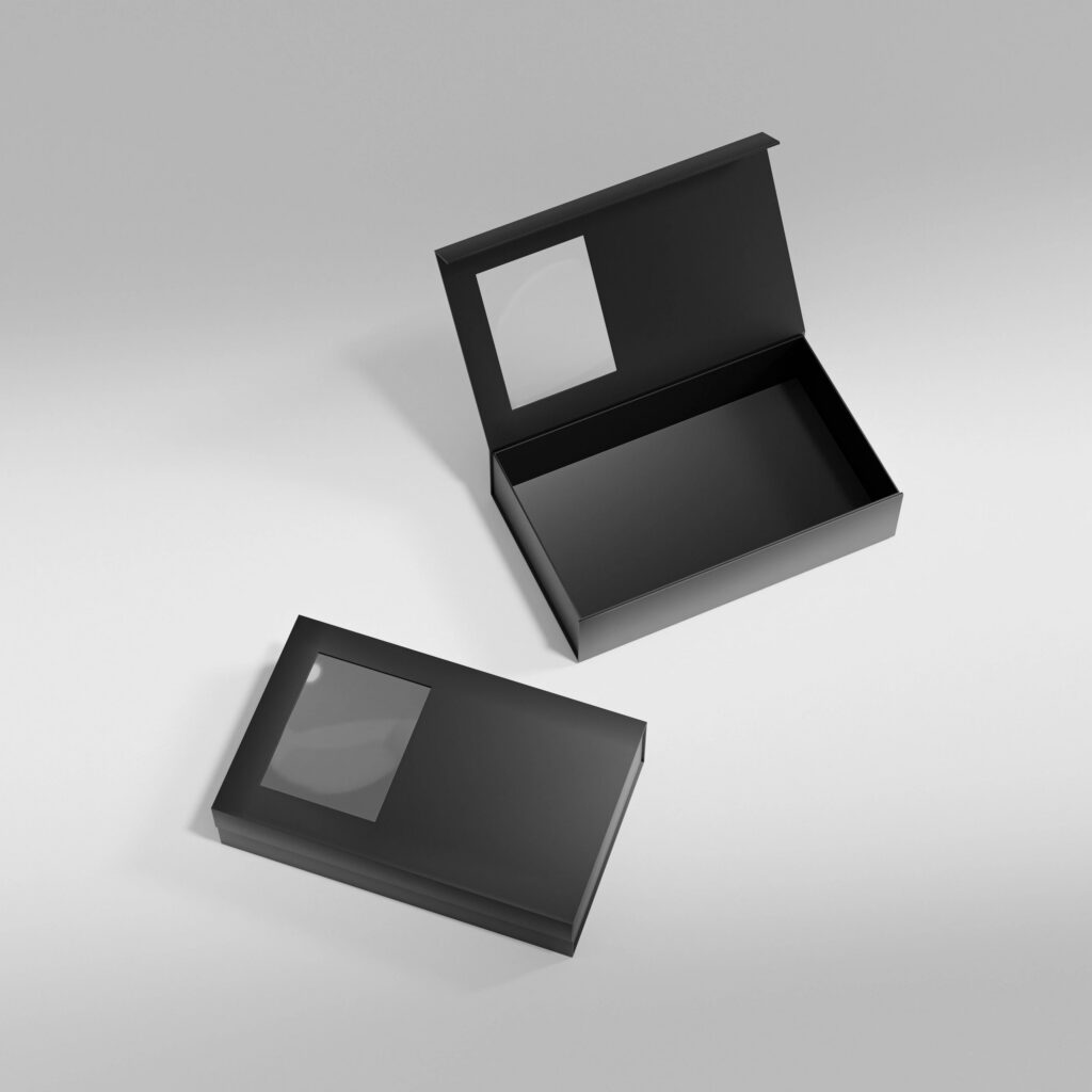 luxury paper box packaging mockup, black gift box with window display, rigid paperboard rectangular packaging, square shape cardboard box with clear pvc window, elegent perfume packaging
